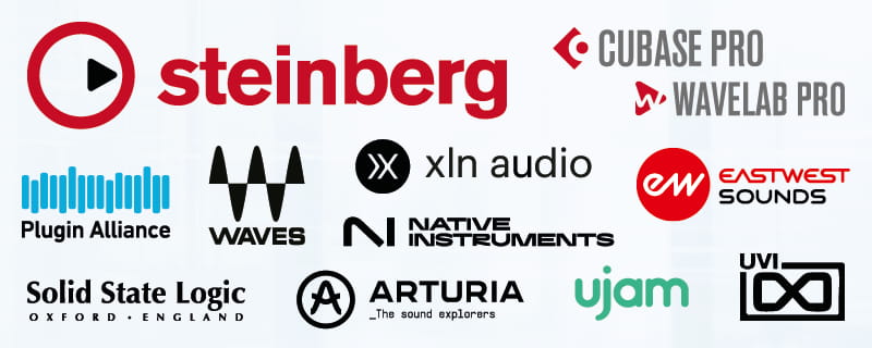 Logos des marques utilisées : Steinberg, Waves, Native Instruments, UVI…